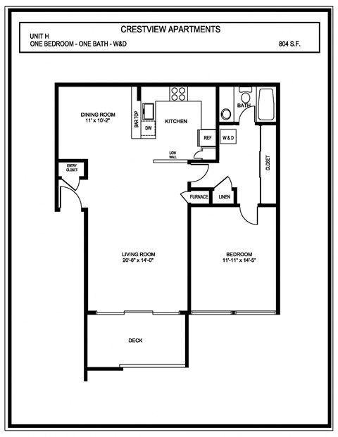 A black and white image of a floor plan for a one bedroom apartment.